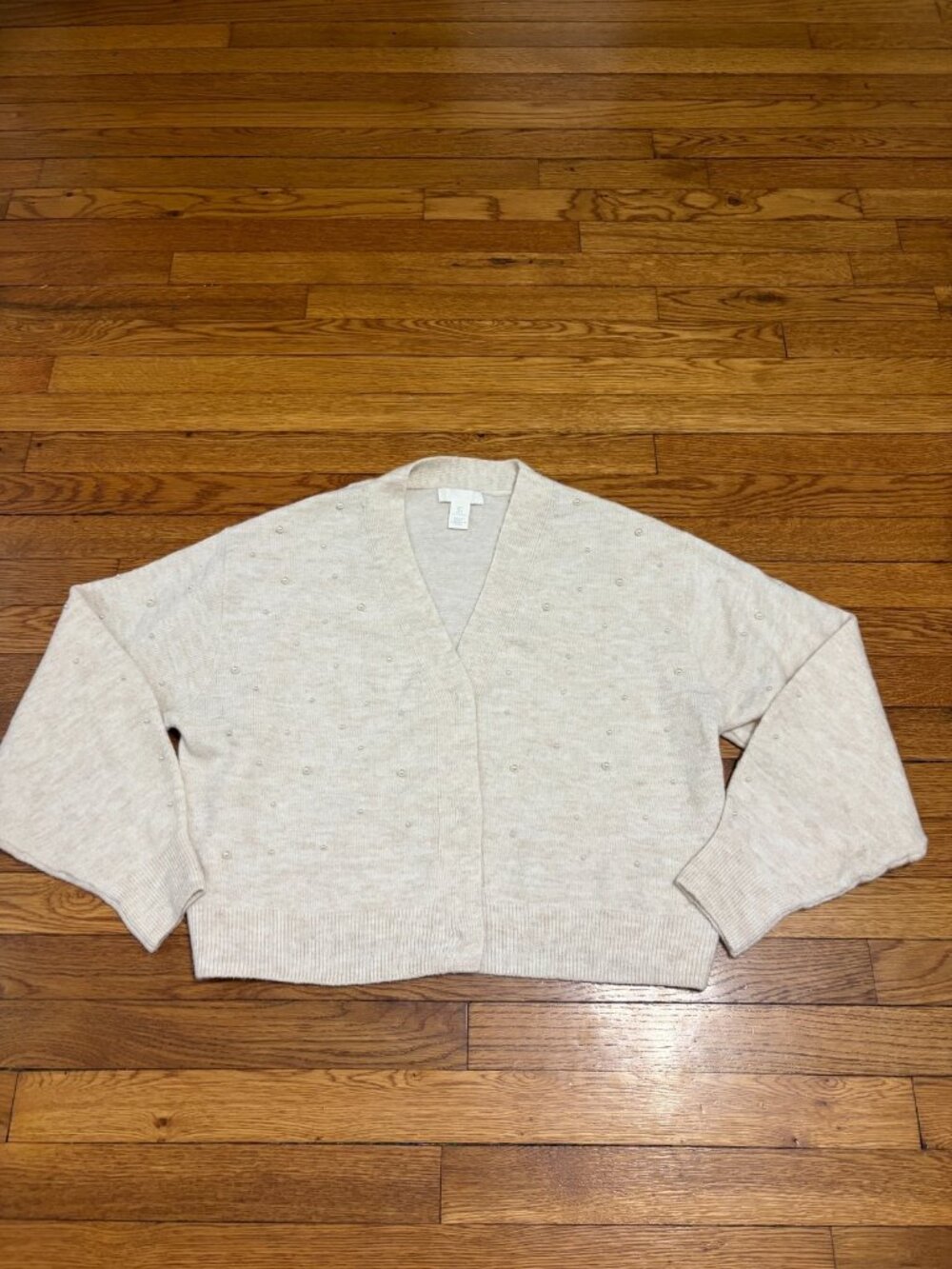 H&M Womens Cardigan Sweater Size Large Beige Button Down V-Neck Pearl Studded
